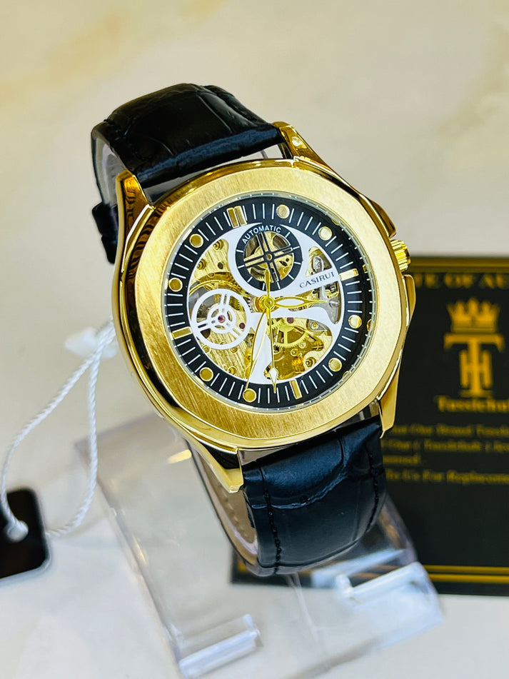 Casirui Black Gold Automatic Skeleton Leather watch