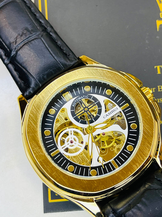 Casirui Black Gold Automatic Skeleton Leather watch