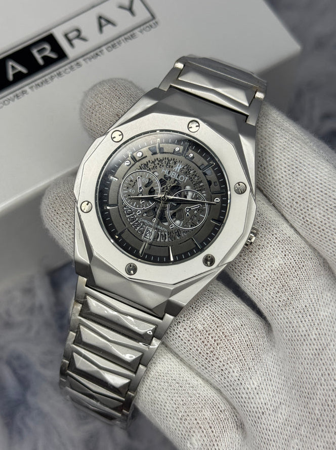 HB Premium Skeleton Watch - Luxury Silver Matte Chain
