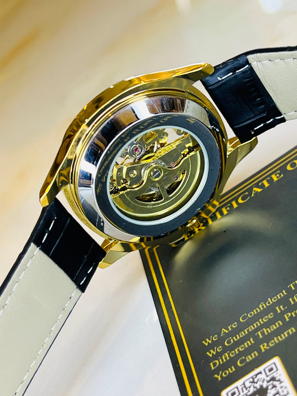 Casirui Black Gold Automatic Skeleton Leather watch